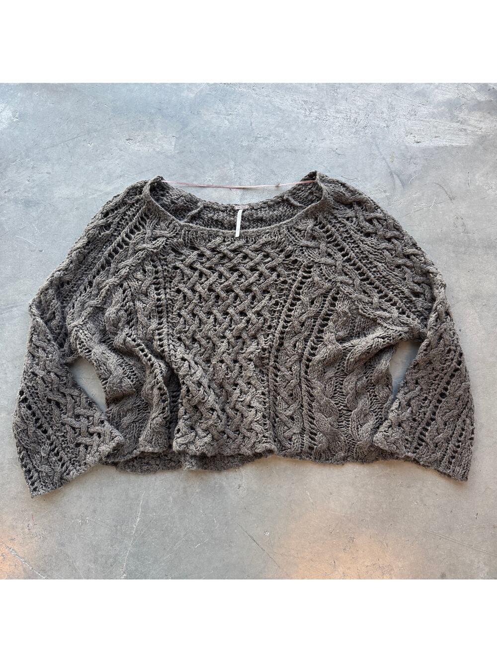 Vintage Y2k Free People Knit Crochet Brown Flare Sleeve Mesh Sweater Small